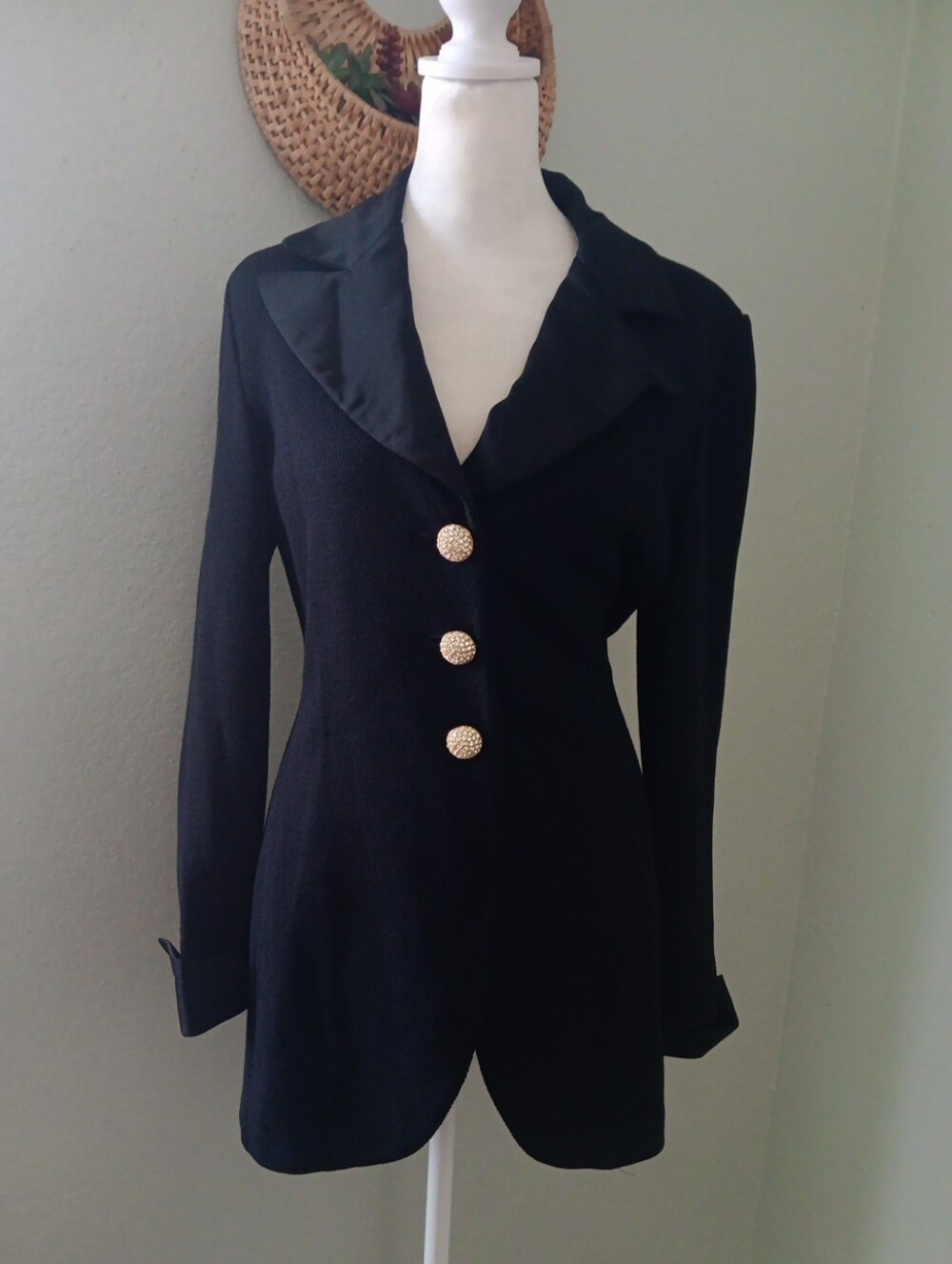 St. John Black Blazer Satin Collar Embellished Buttons